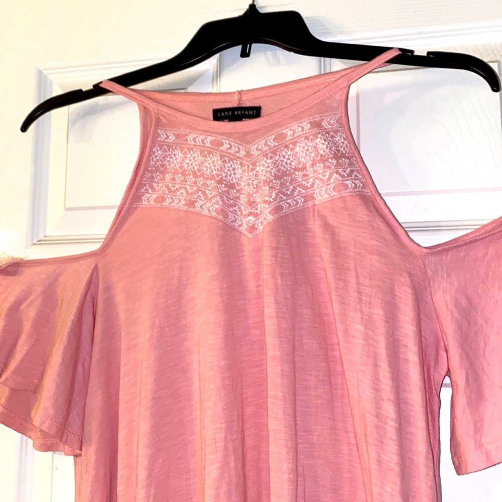 Lane Bryant Pink and White Cold Shoulder Top